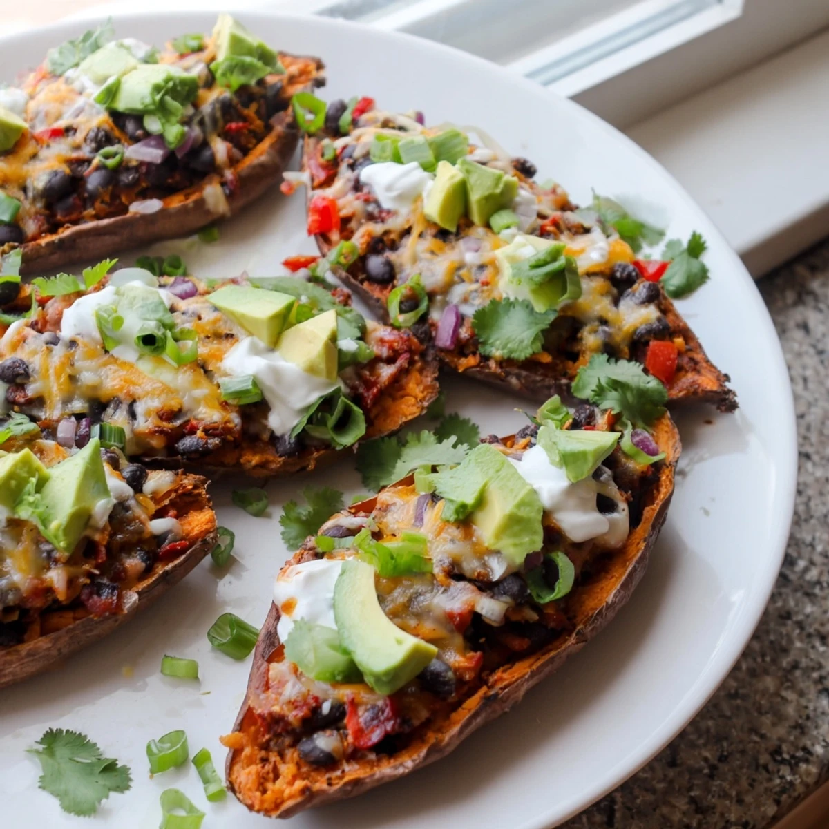 Crispy roasted sweet potato halves filled with smoky black beans, cheddar, and Monterey Jack, topped with sour cream and cilantro.