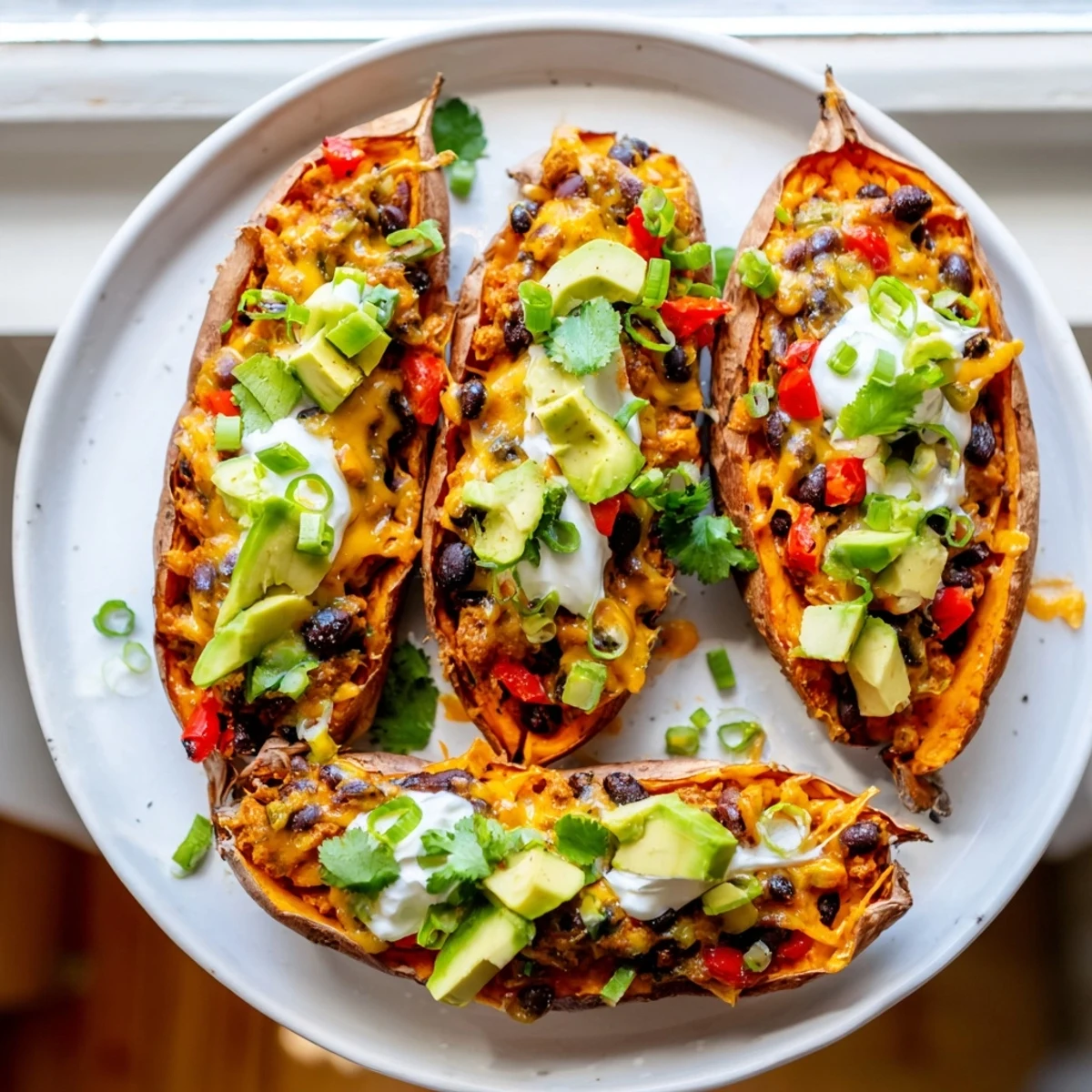 A platter of Tex-Mex Loaded Sweet Potato Skins with Black Beans and Cheese, garnished with avocado, jalapeños, and lime wedges.