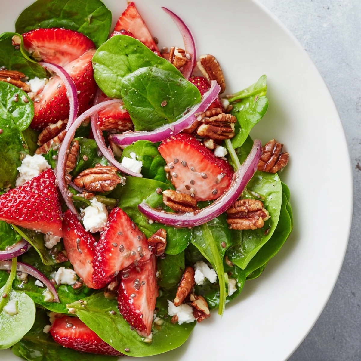 Juicy sliced strawberries and creamy feta cheese on a bed of fresh baby spinach with crunchy toasted almonds and poppy seed dressing.