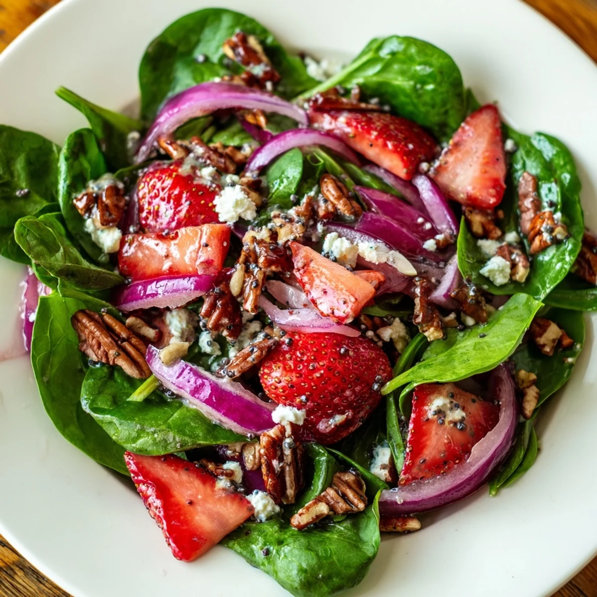 Easy, vibrant spring salad with fresh baby spinach, strawberries, feta, red onion, and sweet-tangy homemade poppy seed vinaigrette.