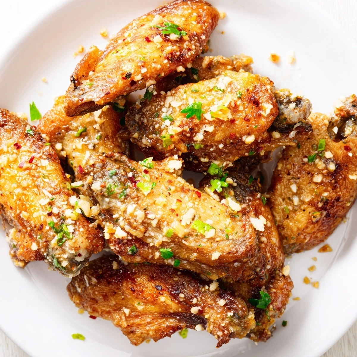 Crispy Air Fryer Garlic Parmesan Chicken Wings with Ranch, golden and tossed in a buttery garlic sauce, ready for dipping.