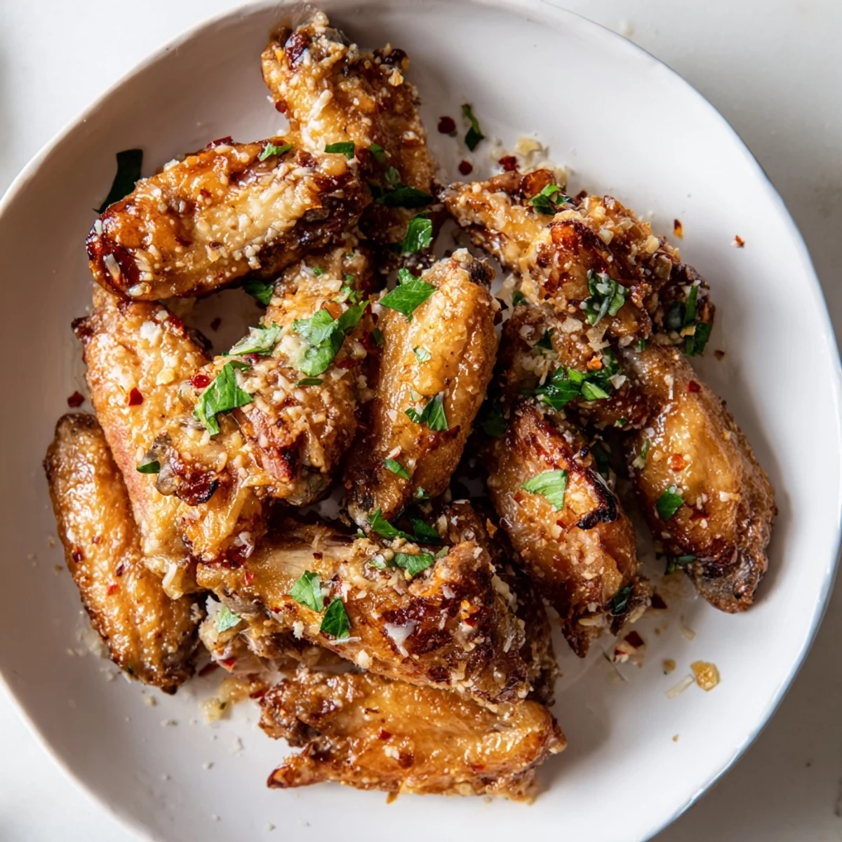 Easy Air Fryer Garlic Parmesan Chicken Wings with Ranch, coated in parmesan and parsley, perfect for game day appetizers.