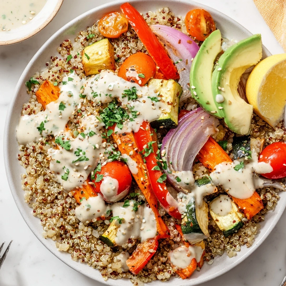 Golden roasted zucchini, bell pepper, and red onion top fluffy quinoa in this nourishing Roasted Vegetable Quinoa Bowl with Tahini Dressing, garnished with creamy avocado slices.