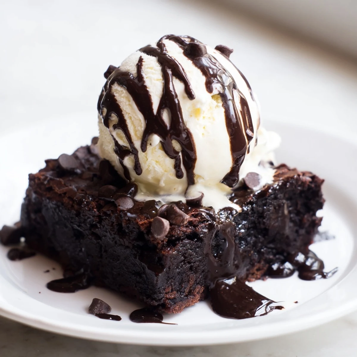 Decadent Chocolate Brownie Sundae with Hot Fudge Sauce, featuring fudgy brownie squares, whipped cream, and chopped nuts on a rustic table.