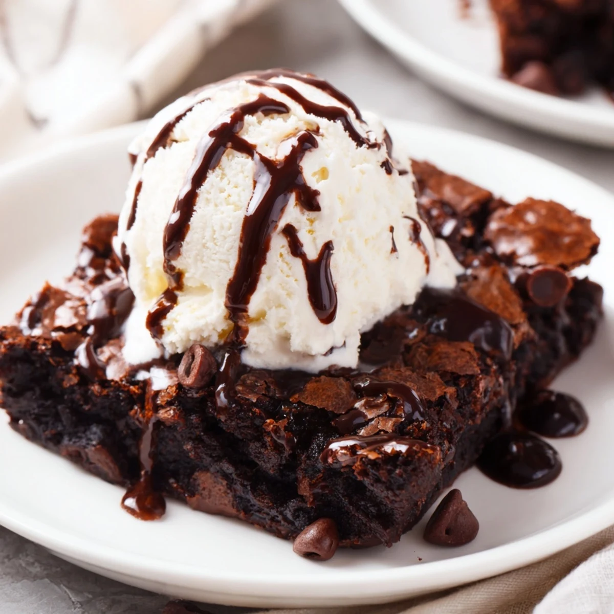 Warm Chocolate Brownie Sundae with Hot Fudge Sauce served in a glass bowl, topped with creamy vanilla ice cream and a cherry.