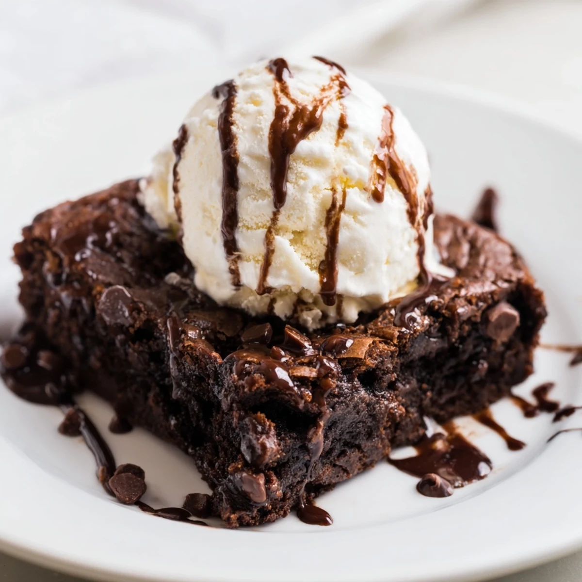 Classic American Chocolate Brownie Sundae with Hot Fudge Sauce, drizzled generously over vanilla ice cream for a rich dessert.