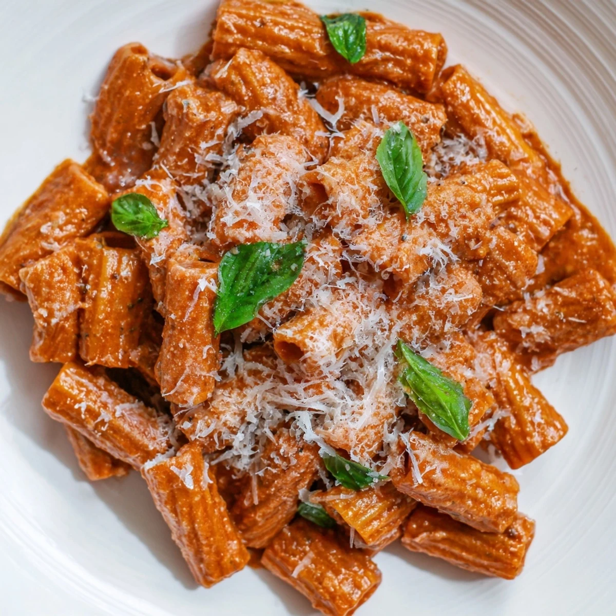 Creamy Tomato Pasta with Fresh Basil Leaves served in a white bowl, garnished with torn basil and grated Parmesan.
