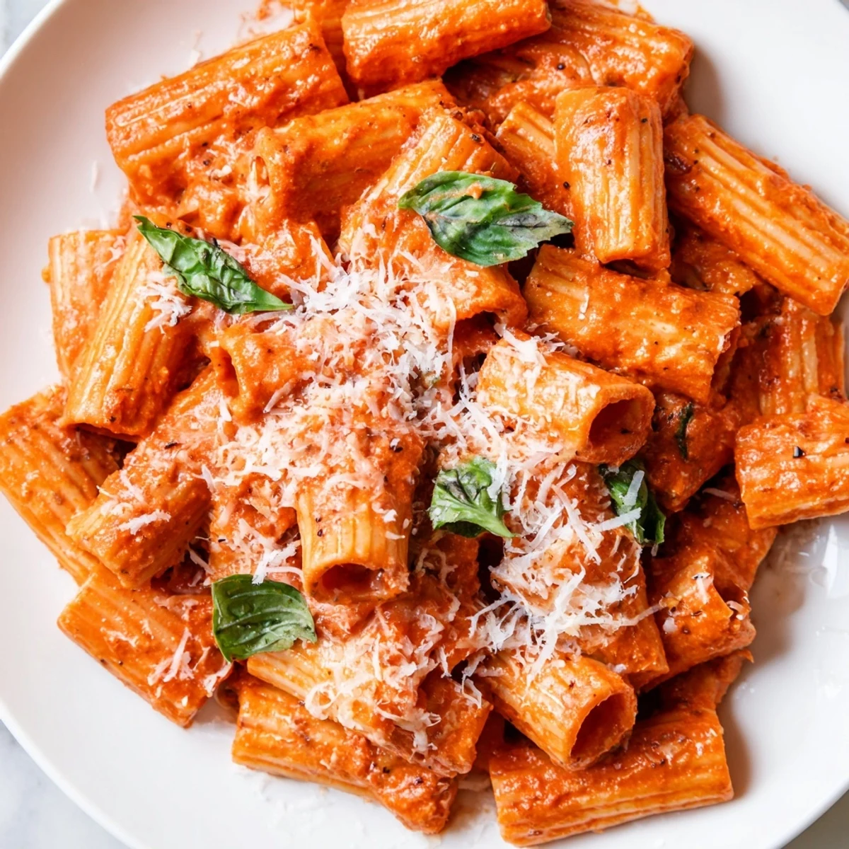 Steaming Creamy Tomato Pasta with Fresh Basil Leaves on a rustic table, paired with a glass of white wine.