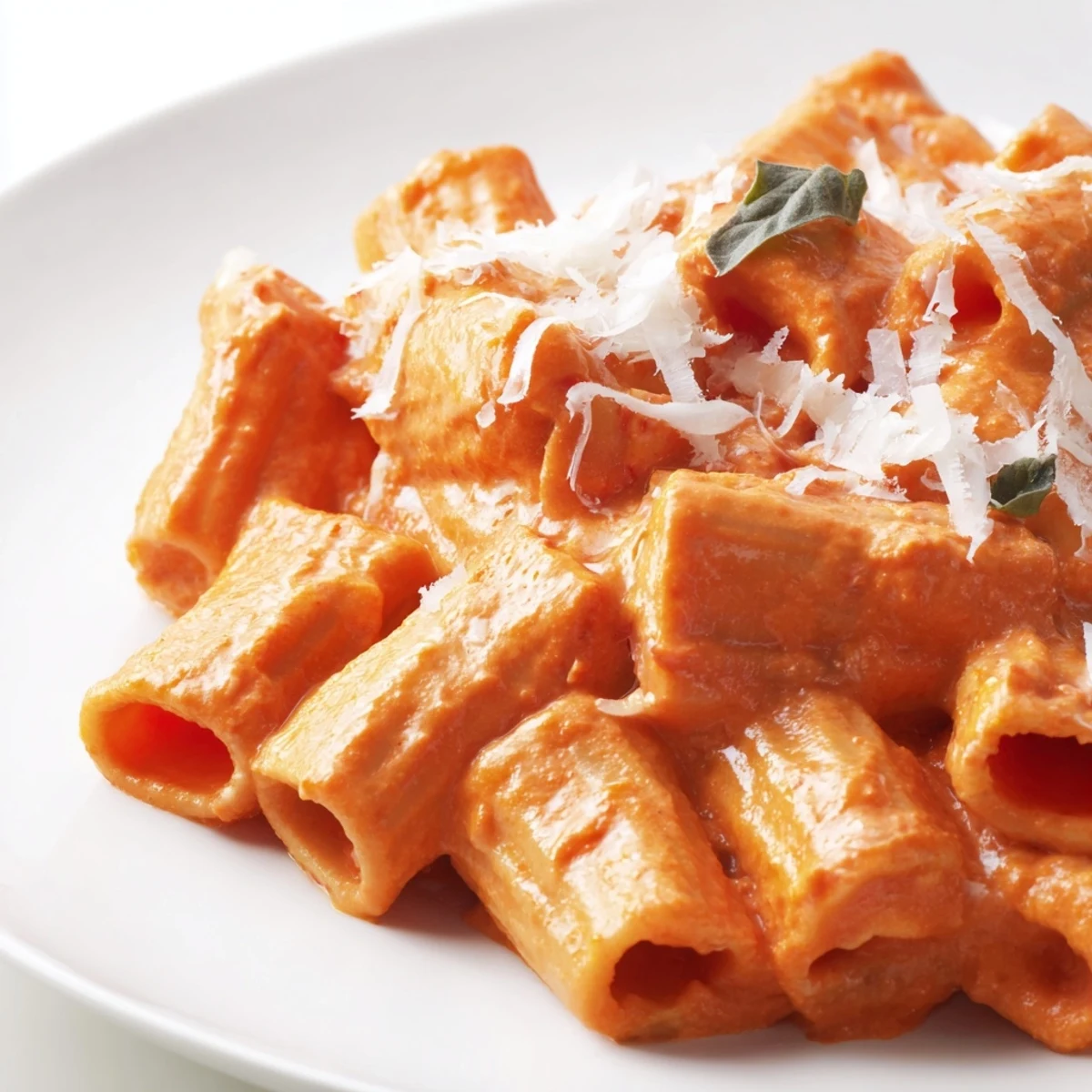 A skillet of Creamy Tomato Pasta with Fresh Basil Leaves next to a wooden spoon, showcasing the creamy tomato sauce.