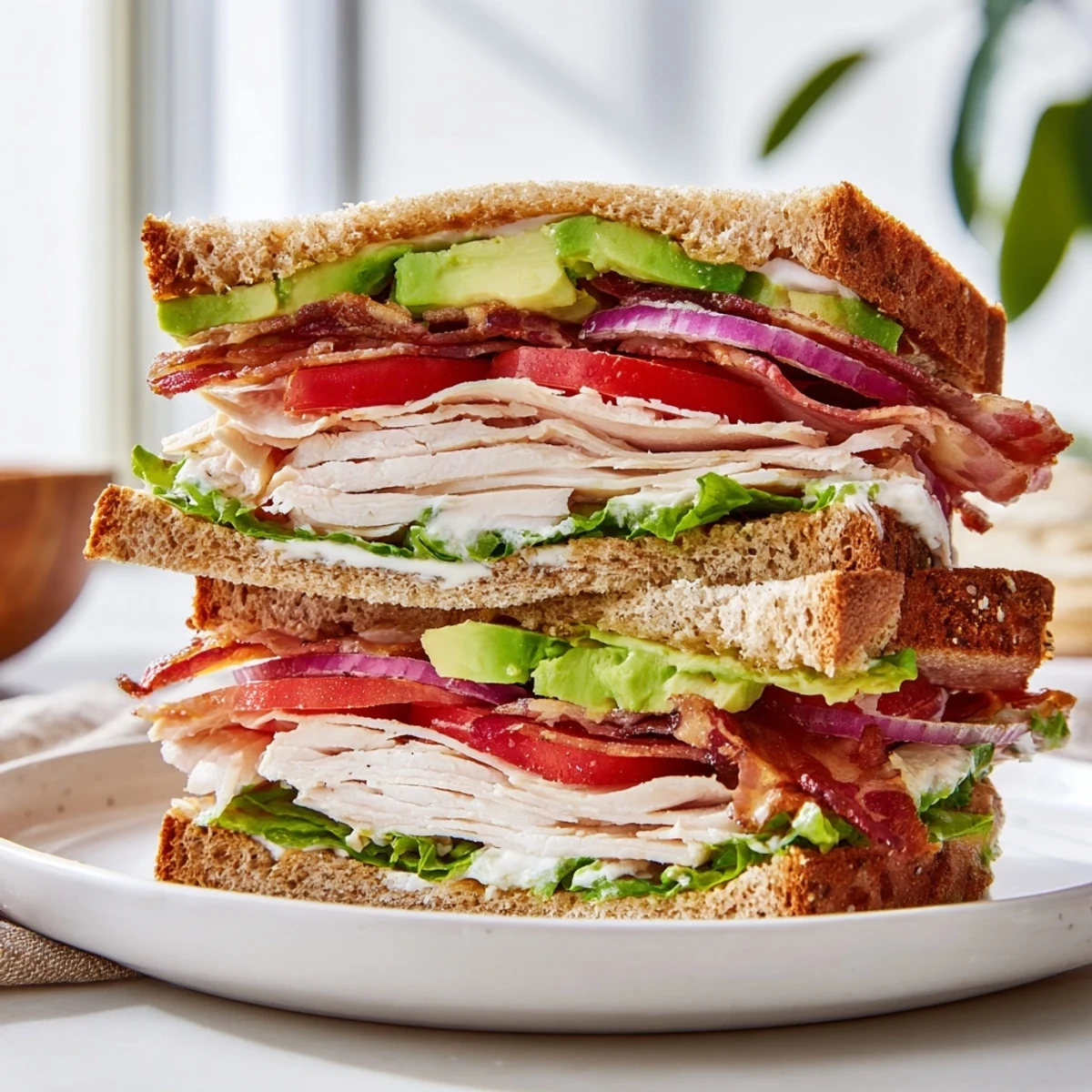 Triple-decker Turkey Club Sandwich stacked with crispy turkey bacon, creamy avocado, and fresh lettuce and tomato.