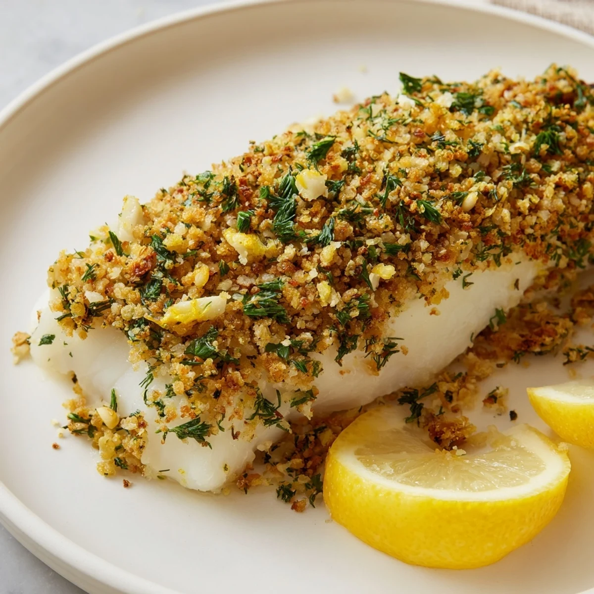Golden-brown Baked Hake with Lemon and Herb Crust fillets on a baking sheet, topped with vibrant fresh herbs and breadcrumbs for a healthy dinner.