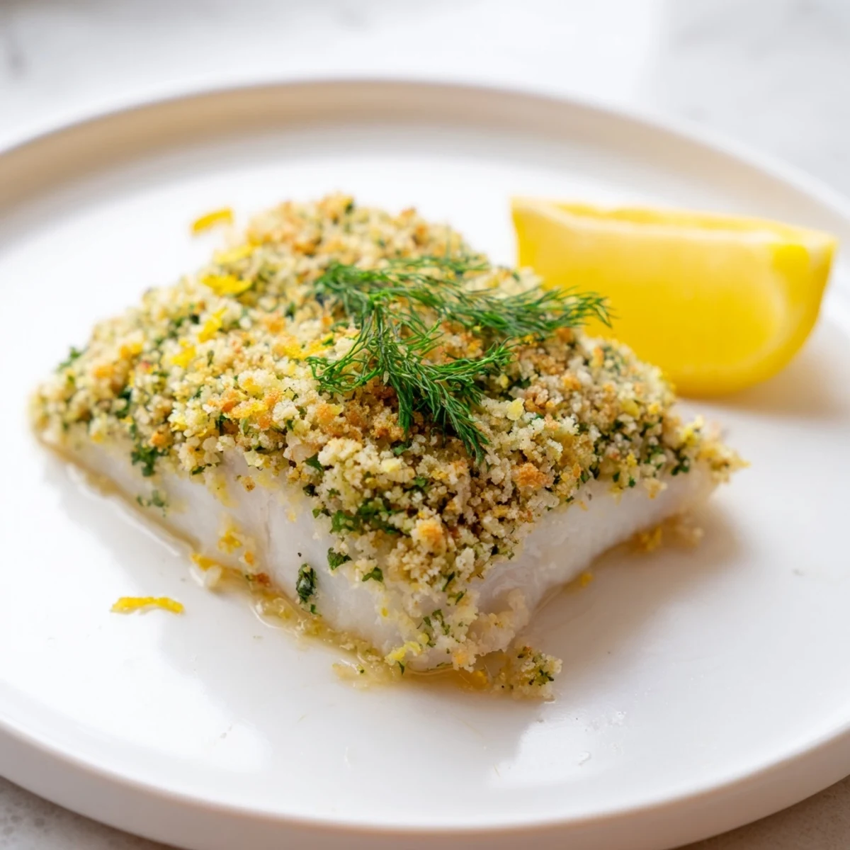 Flaky, tender Baked Hake with Lemon and Herb Crust served on a white plate with steamed green beans and fresh lemon wedges for squeezing.