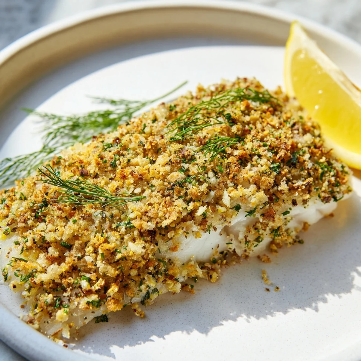 Close-up of a single Baked Hake with Lemon and Herb Crust fillet showcasing the crispy, golden crumb topping on perfectly cooked, moist fish.