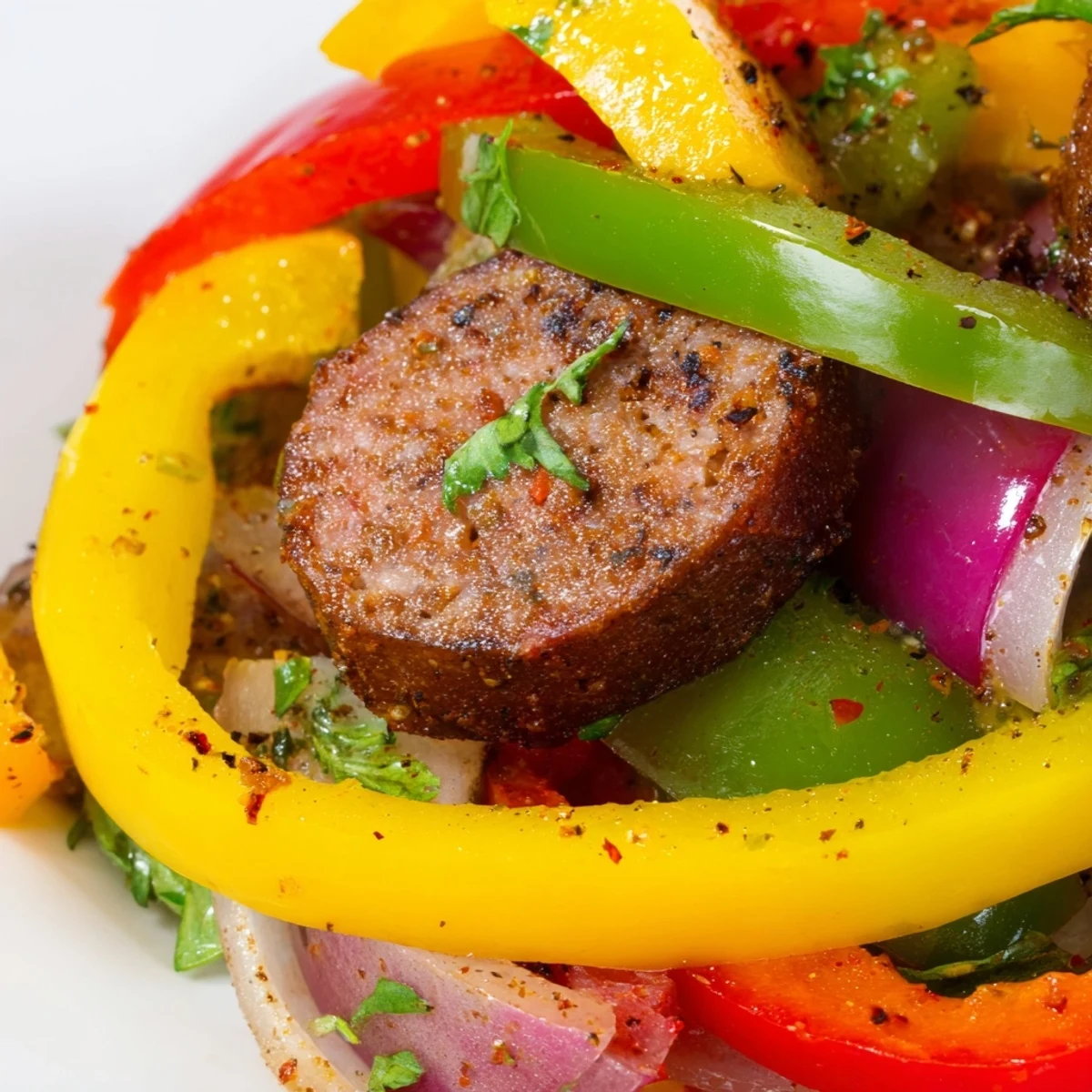 Sizzling spicy beef sausage and colorful bell peppers glisten in a hot skillet, garnished with fresh parsley for a quick weeknight dinner.