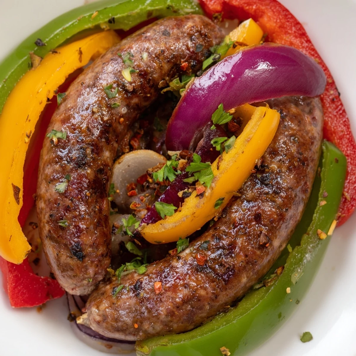 A close-up of a spicy beef sausage and pepper skillet shows tender vegetables and golden-brown meat, ideal for gluten-free meal prep.