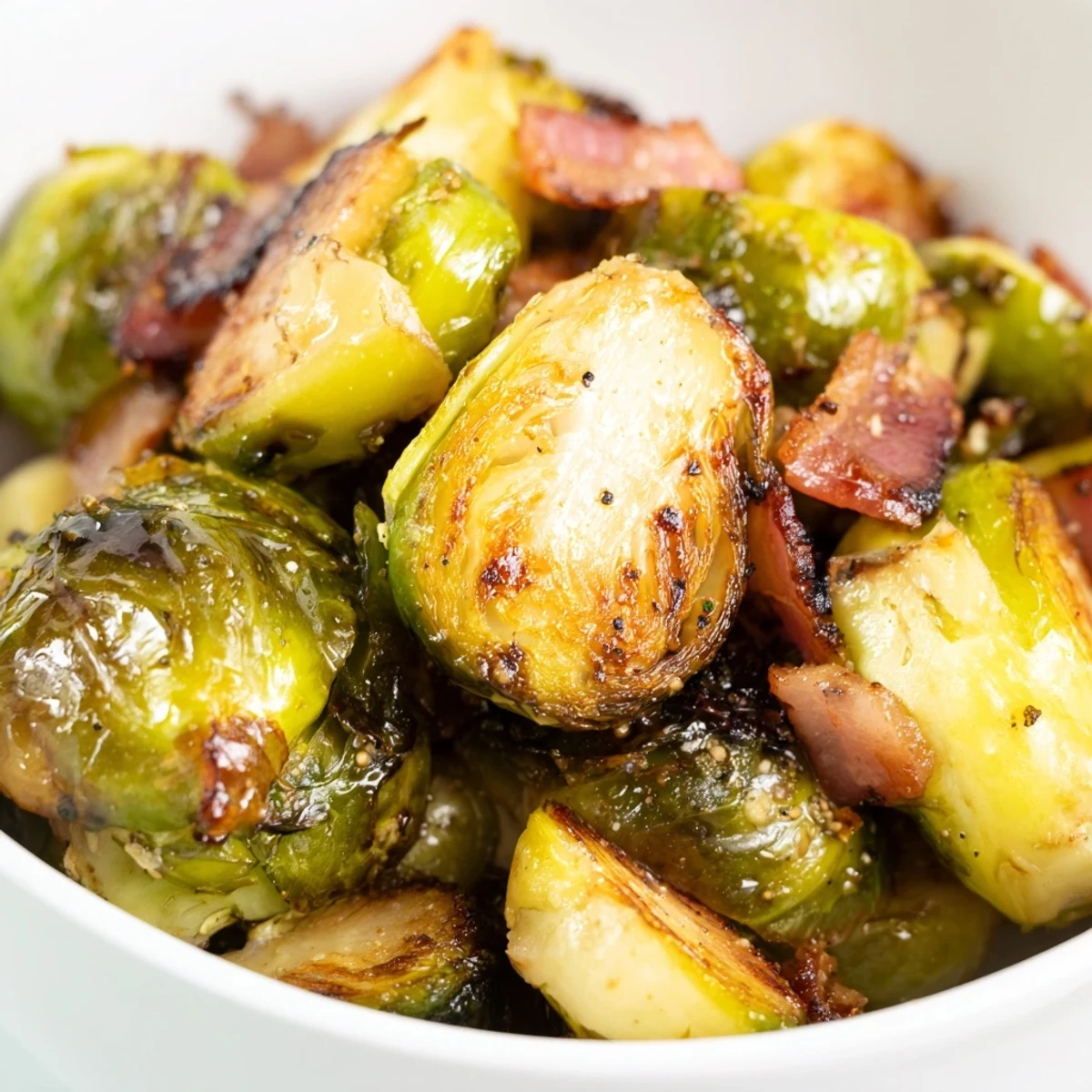 Roasted Brussels Sprouts with Beef Bacon served hot, with crispy bacon bits, caramelized edges, and fresh parsley garnish.