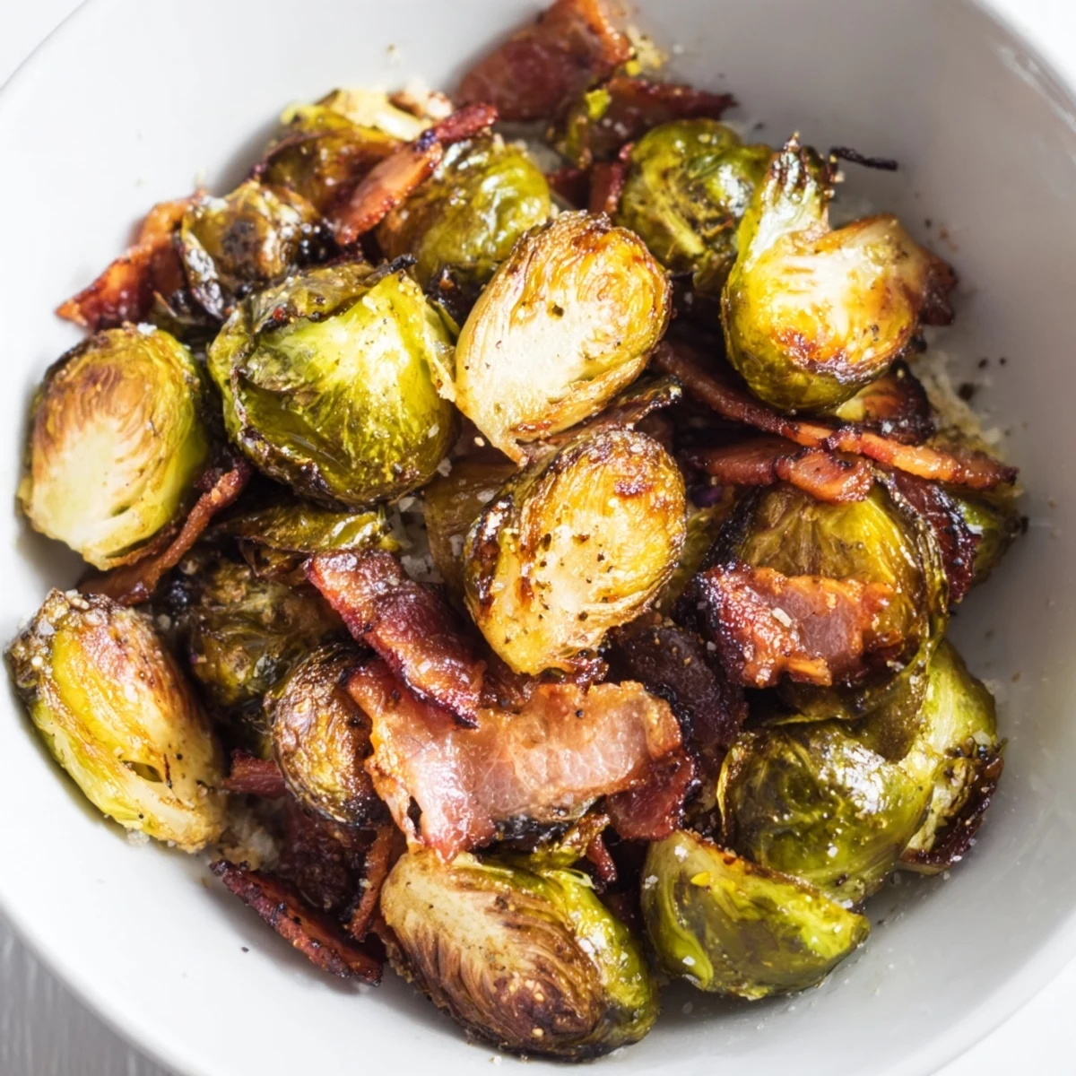 Perfectly roasted Roasted Brussels Sprouts with Beef Bacon on a baking sheet, golden-brown and sizzling from the oven.
