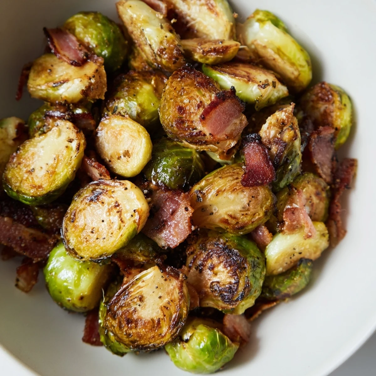 Savory Roasted Brussels Sprouts with Beef Bacon paired with steak, drizzled with balsamic glaze on a rustic table.