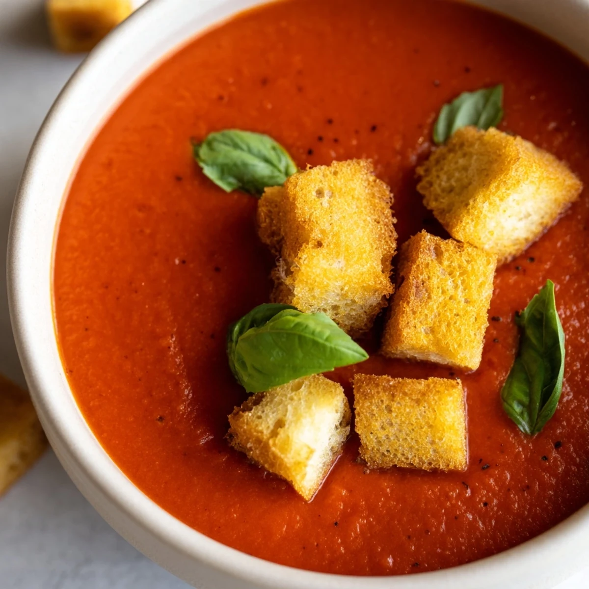 Creamy Tomato Basil Bisque with Croutons in a rustic bowl, steam rising, basil garnish, perfect cozy lunch.