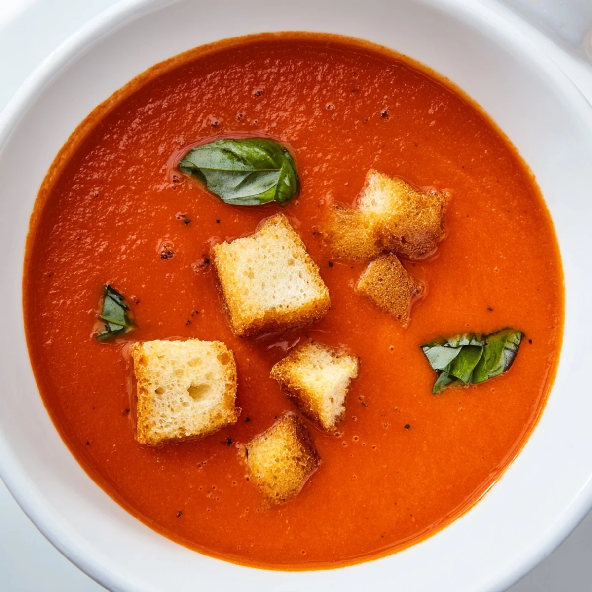A spoon dipping into Creamy Tomato Basil Bisque with Croutons, revealing smooth texture, golden crispy bread on top.