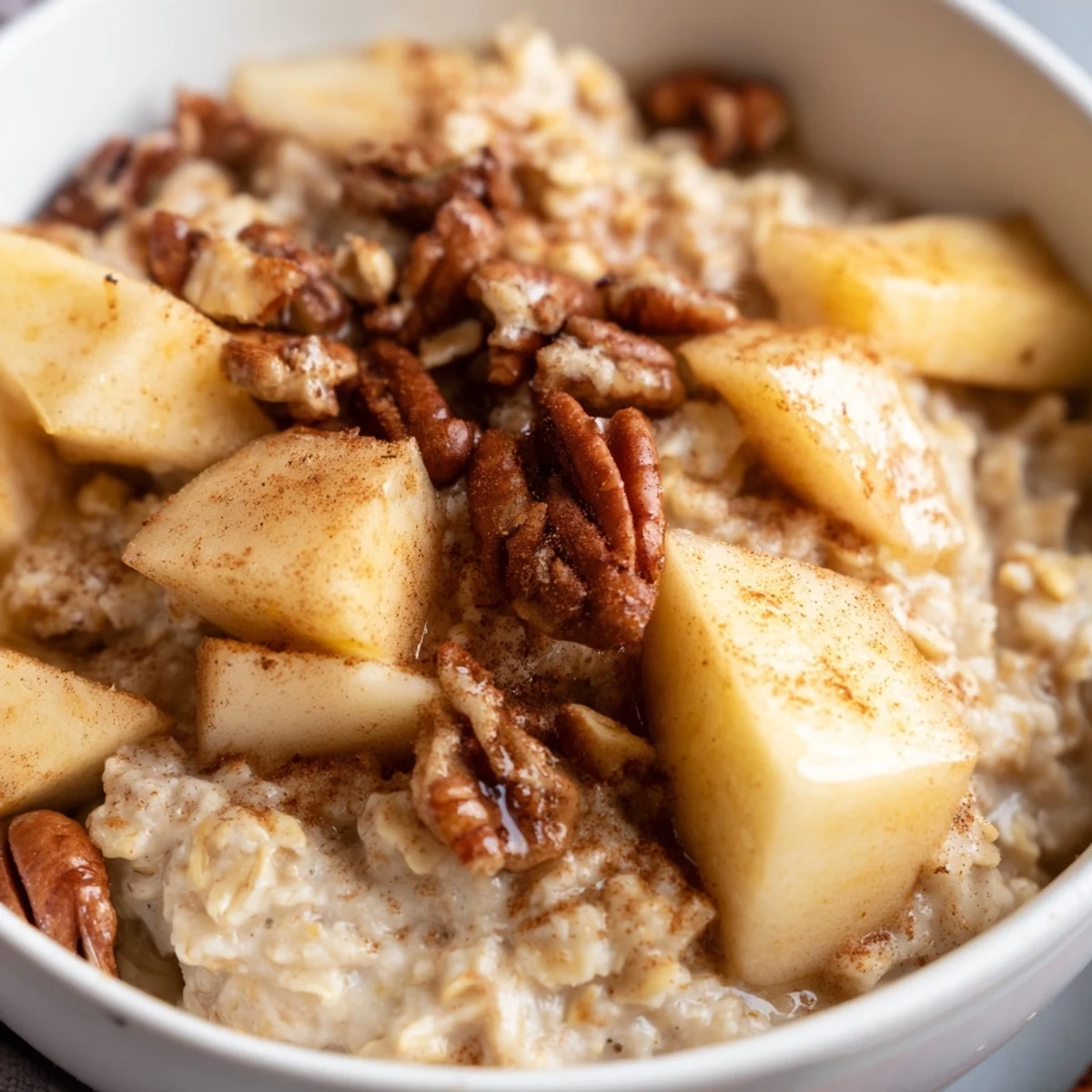 Steaming bowl of Warm Apple Cinnamon Oatmeal with Pecans, featuring tender diced apples and a creamy, comforting texture.