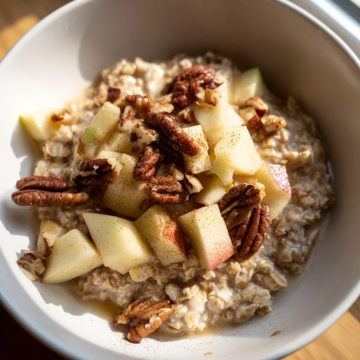 Warm Apple Cinnamon Oatmeal with Pecans topped with extra nuts and a drizzle of maple syrup in a cozy bowl.