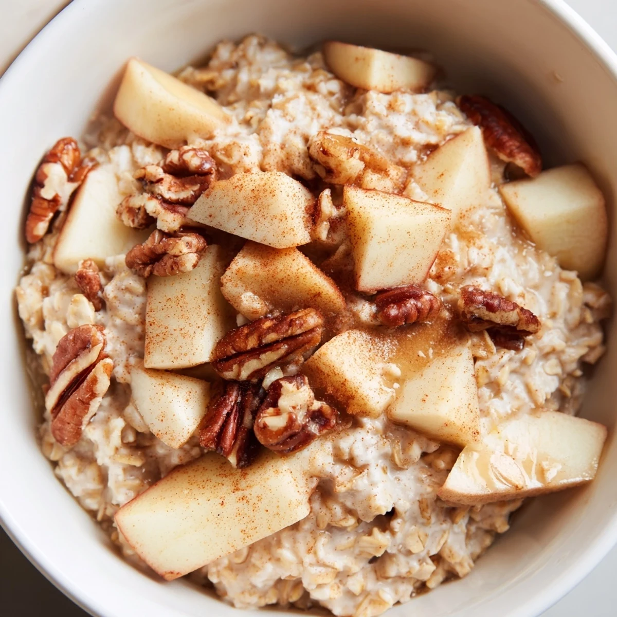 Healthy Warm Apple Cinnamon Oatmeal with Pecans served with sliced apples and a dollop of yogurt for a hearty breakfast.