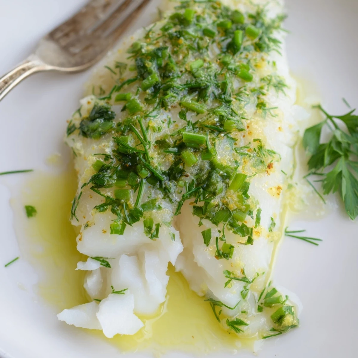Freshly baked Baked Cod with Lemon Herb Butter fillets glisten with bright, zesty butter on a plate with green beans. 