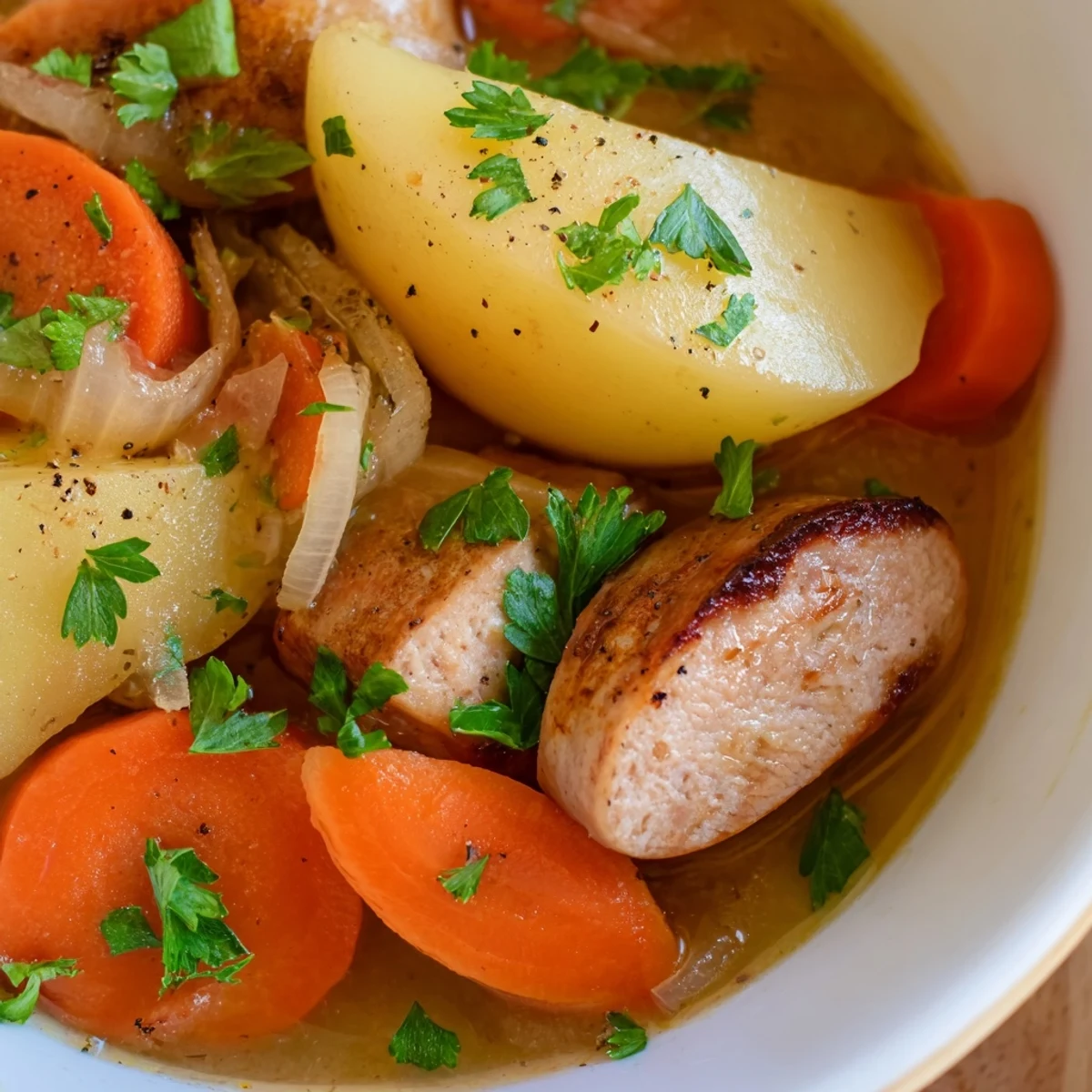 Rustic casserole of Irish coddle with tender potatoes, carrots, and caramelized onions, served hot.