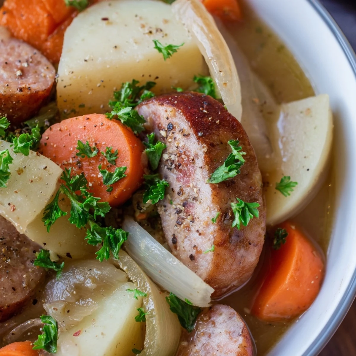 Hearty Dublin coddle with chicken sausage, celery, and broth, ready to serve with crusty bread.