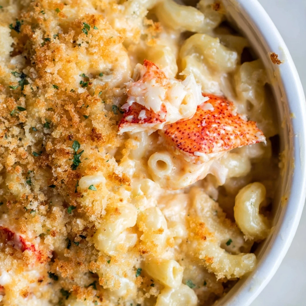 Steamed lobster tail pieces nestled in creamy cheddar Gruyère sauce, topped with golden panko and parsley.