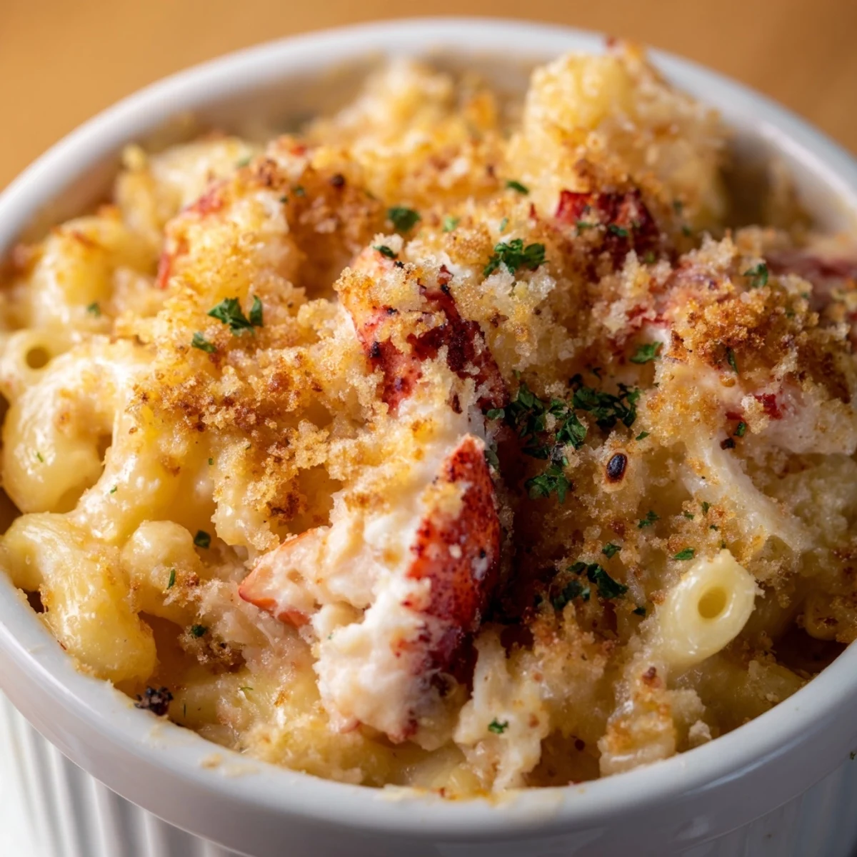Tender cavatappi pasta coated in rich, cheesy sauce with bright chunks of lobster meat for a romantic dinner.