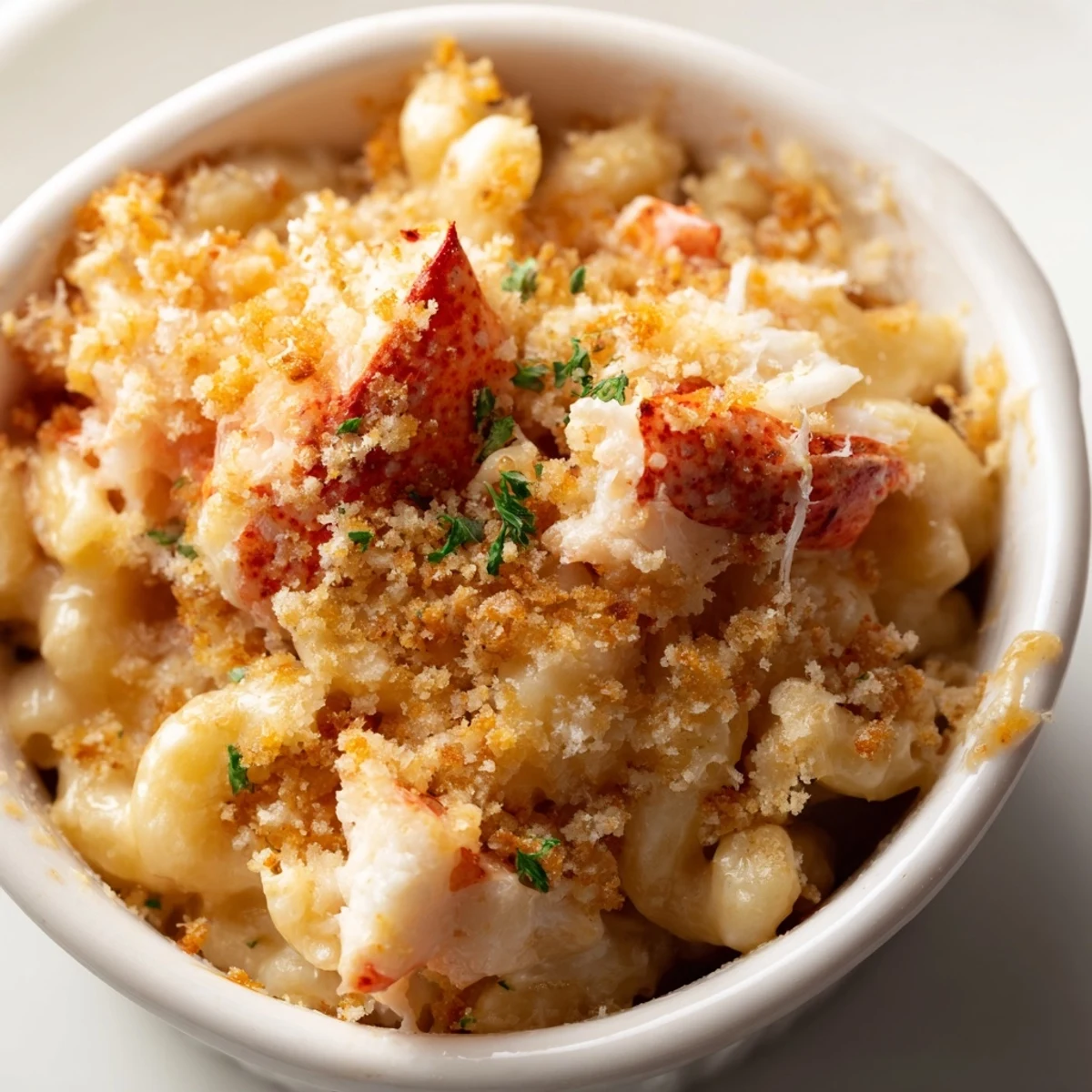 Freshly baked Romantic Lobster Mac and Cheese bubbling in a dish, finished with grated Parmesan and herbs.