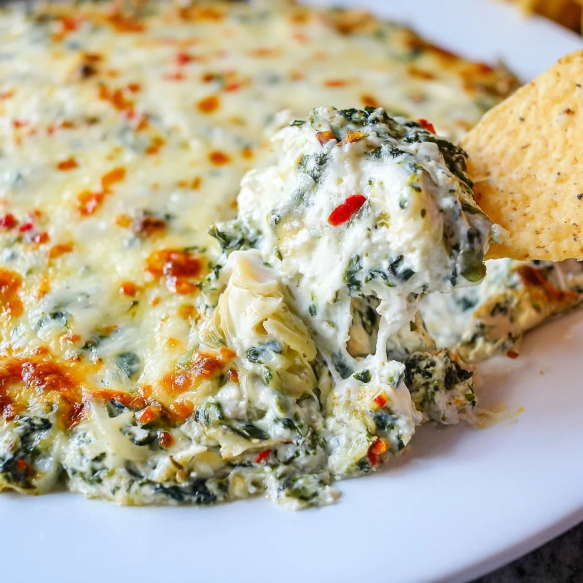 Warm, golden Super Bowl Spinach and Artichoke Dip bubbling from the oven in a ceramic dish, topped with melted mozzarella and ready for dipping with tortilla chips.  