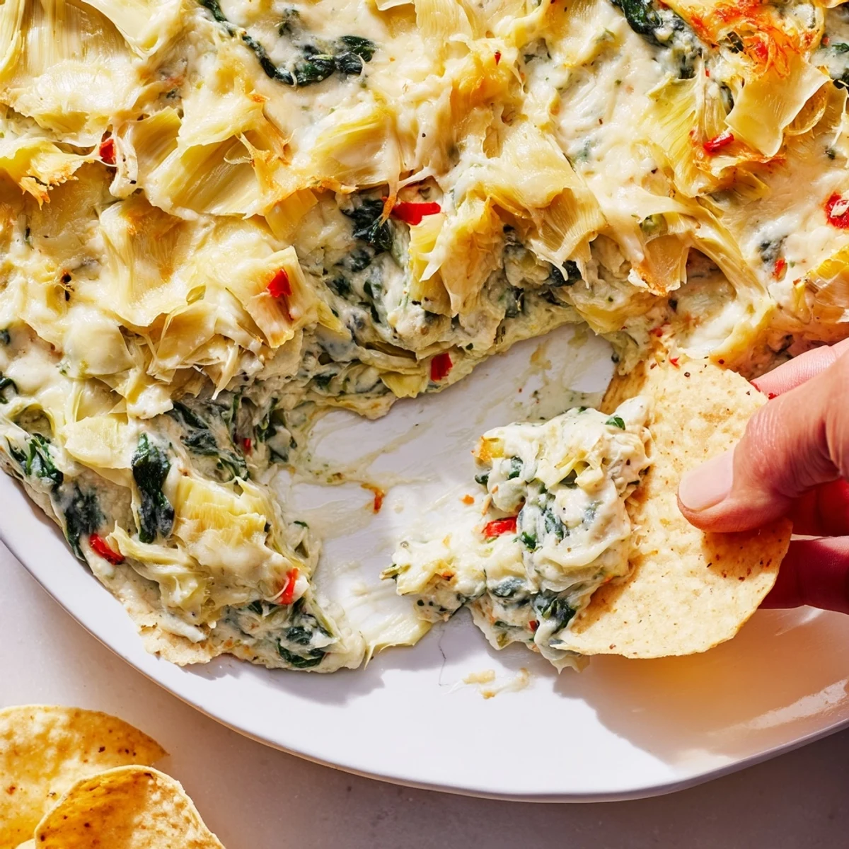 A close-up of a scoop of creamy Super Bowl Spinach and Artichoke Dip revealing tender spinach and artichoke pieces in a rich, cheesy blend.  