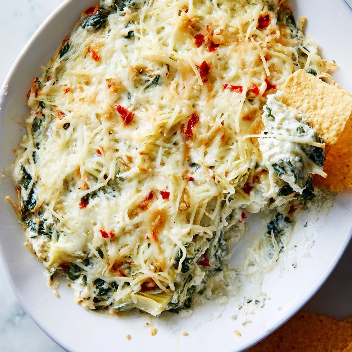 A festive platter of Super Bowl Spinach and Artichoke Dip served warm alongside crunchy tortilla chips and toasted baguette slices for game day snacking.