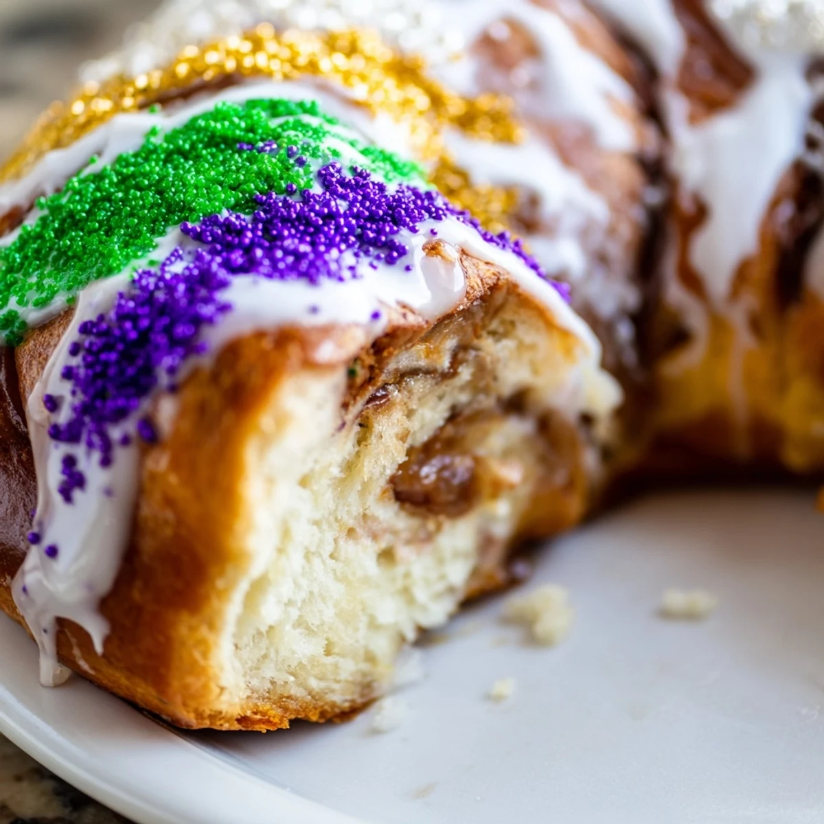 A whole King Cake with vibrant colored sugar topping, showcasing a soft brioche texture and rich cinnamon flavor, ideal for Mardi Gras or festive gatherings.