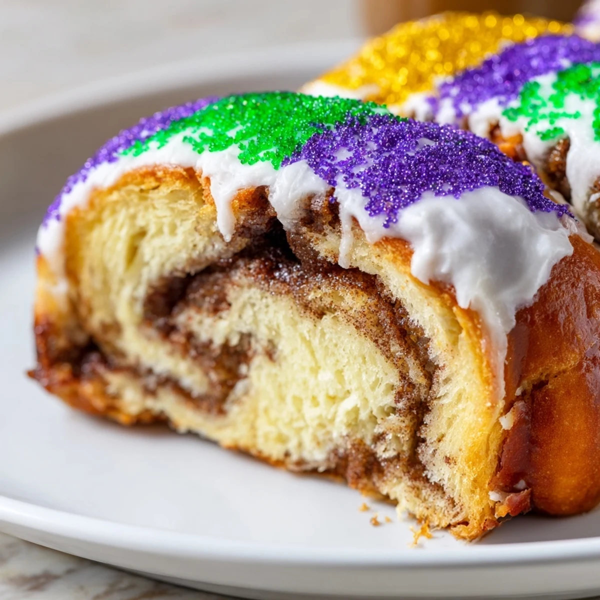 A tender, golden-brown King Cake slice reveals a swirl of cinnamon-sugar filling, perfect for serving with coffee at a joyful New Orleans-style party.  