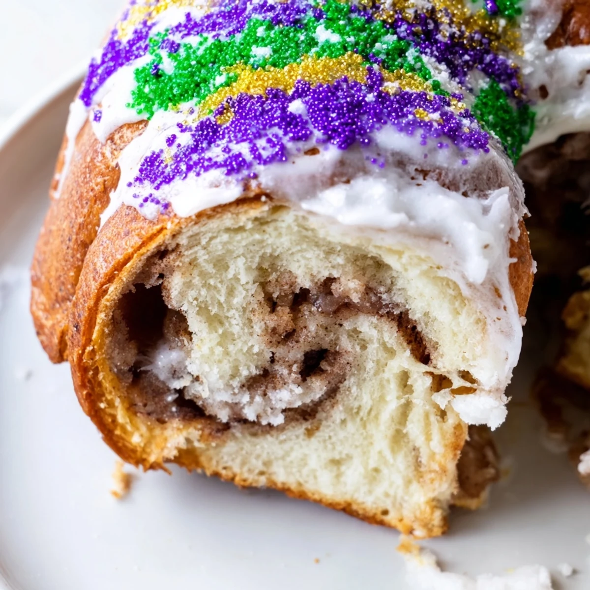 A freshly baked King Cake with cinnamon and colored sugar, drizzled with white icing and sprinkled with purple, green, and gold sanding sugar for a festive Mardi Gras celebration.  