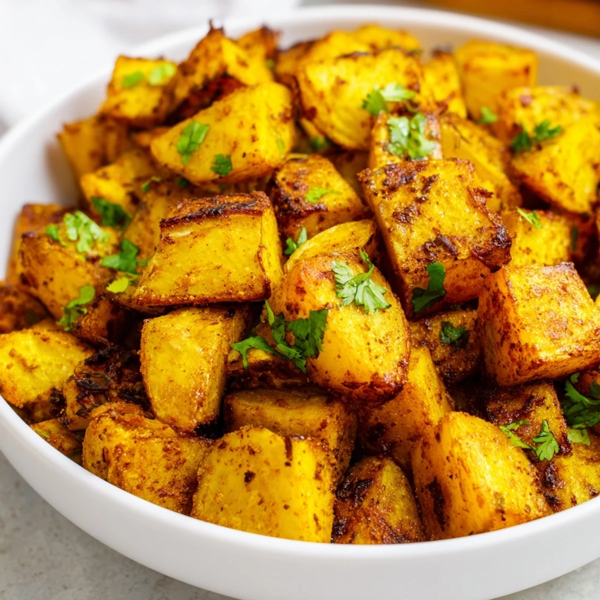 A bowl of golden Pot of Gold Turmeric Roasted Potatoes, seasoned with garlic and spices, ready to serve.