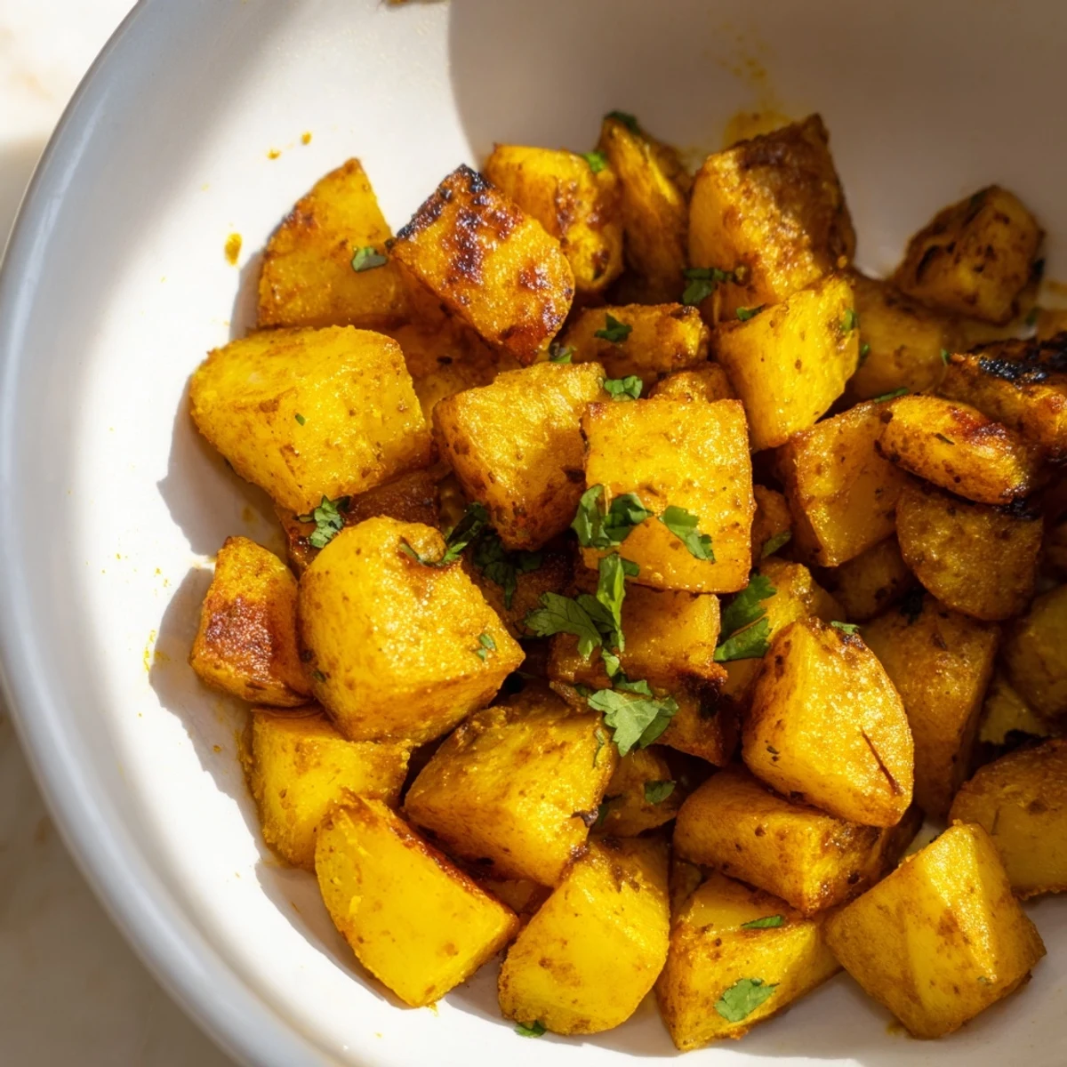 Crispy Pot of Gold Turmeric Roasted Potatoes garnished with fresh cilantro and lemon wedges on a rustic platter.