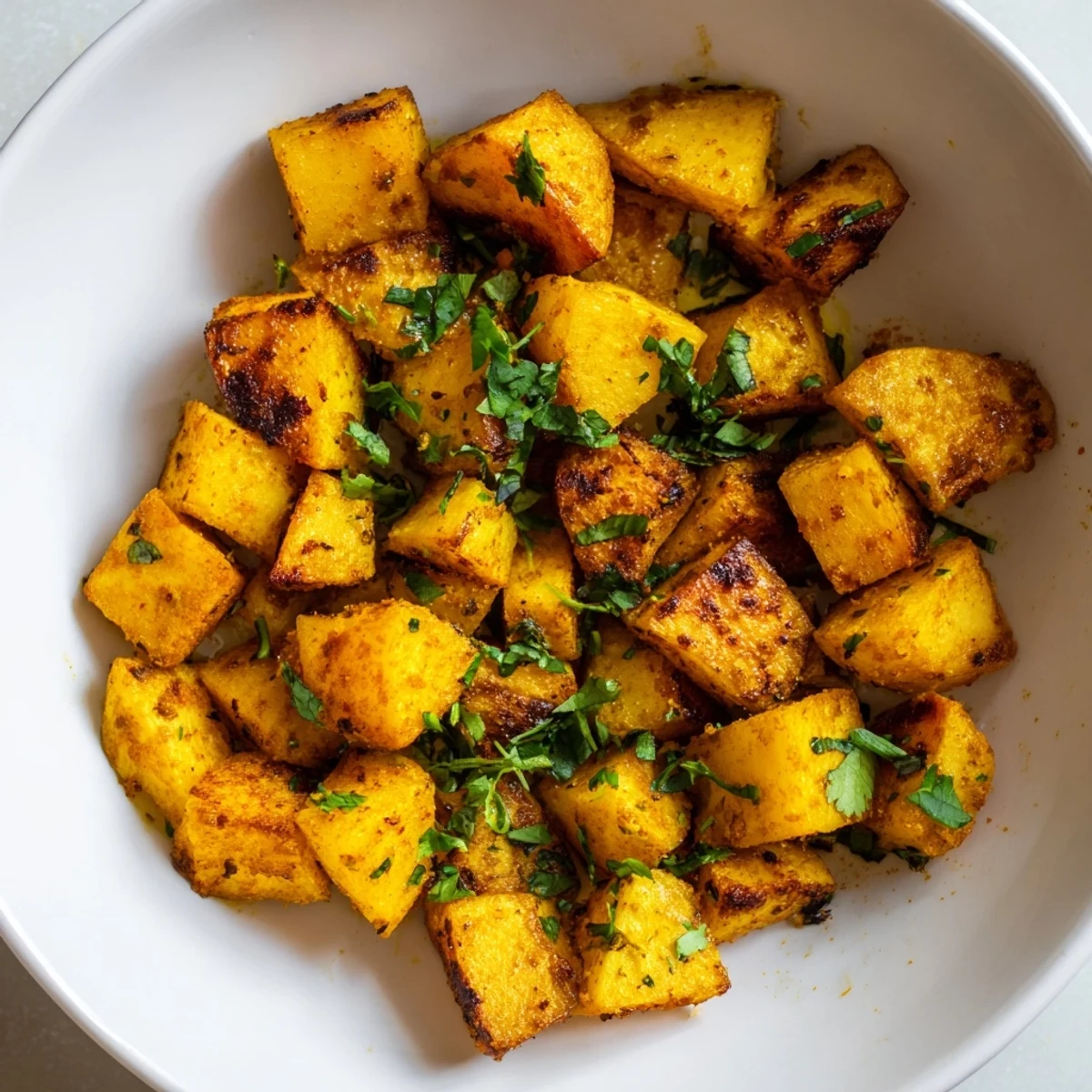 Vibrant Pot of Gold Turmeric Roasted Potatoes, golden-brown and aromatic, paired with lemon wedges for a sunny side dish.