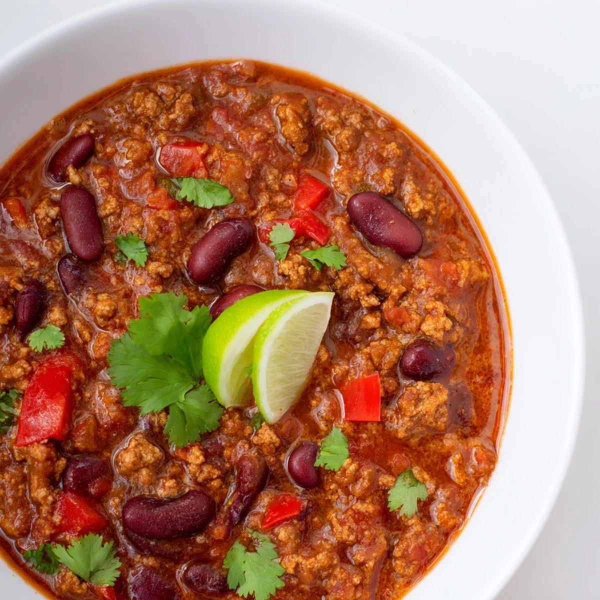 Hearty turkey chili with kidney beans and cornbread served steaming hot in a rustic bowl.