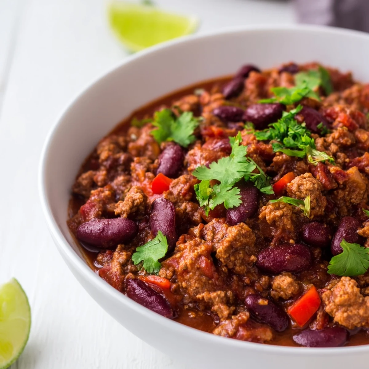 Golden, crumbly cornbread slices beside a rich bowl of turkey chili with kidney beans.