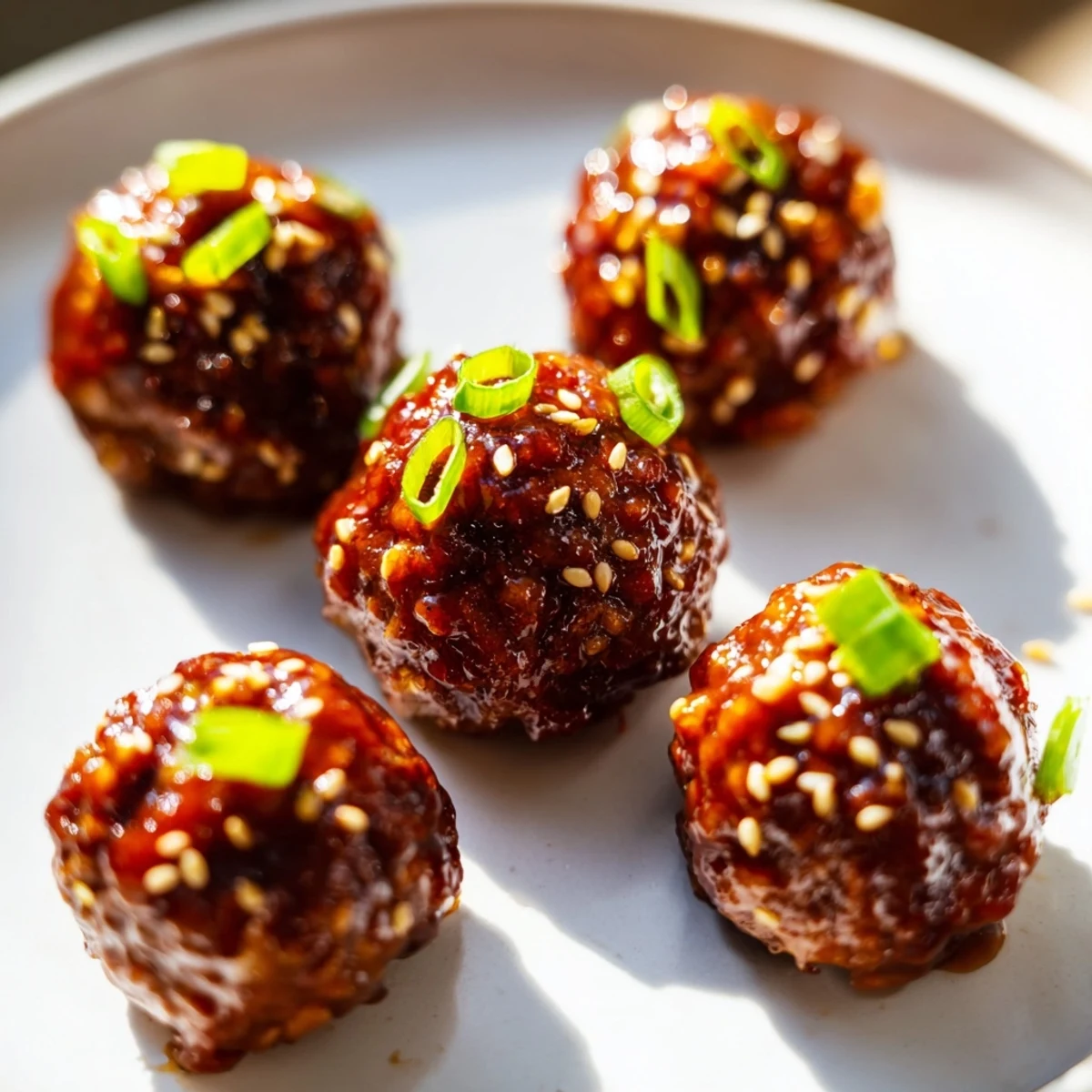 A serving of golden-baked Spicy Sriracha Meatballs with Sesame Seeds, glazed and arranged on a platter with scallions.  