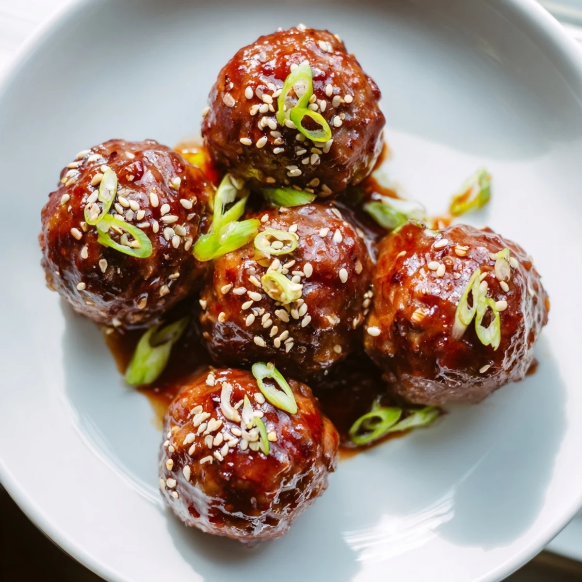 A close-up of Spicy Sriracha Meatballs with Sesame Seeds, their glossy glaze catching the light beside steamed jasmine rice.  