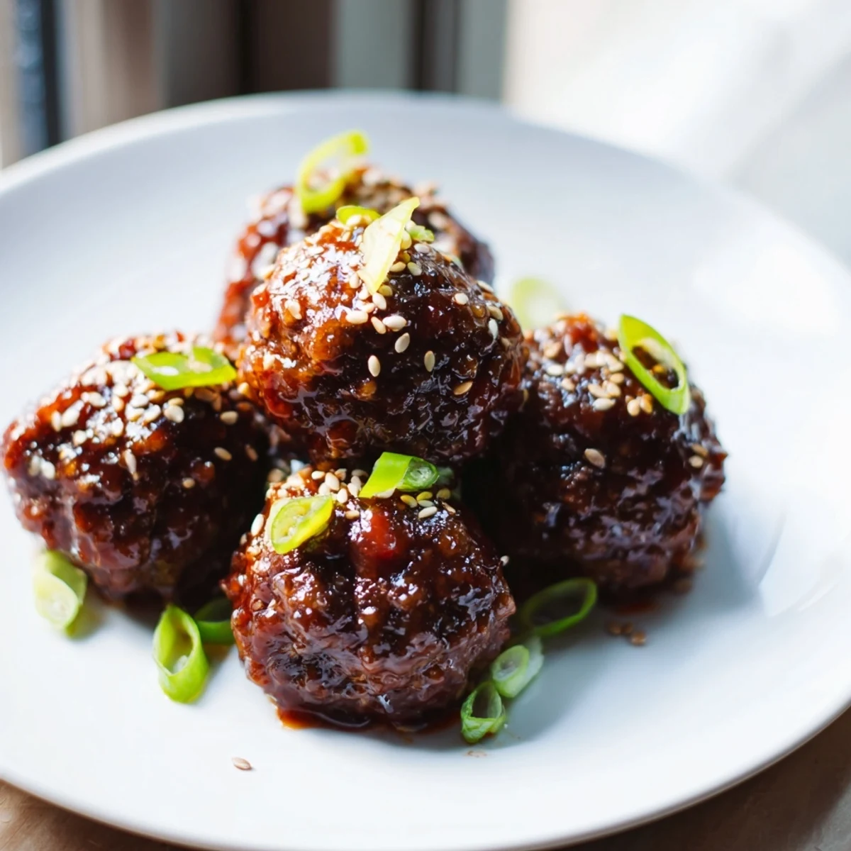 Spicy Sriracha Meatballs with Sesame Seeds served in lettuce cups, garnished with green onions for a fresh, crunchy bite.