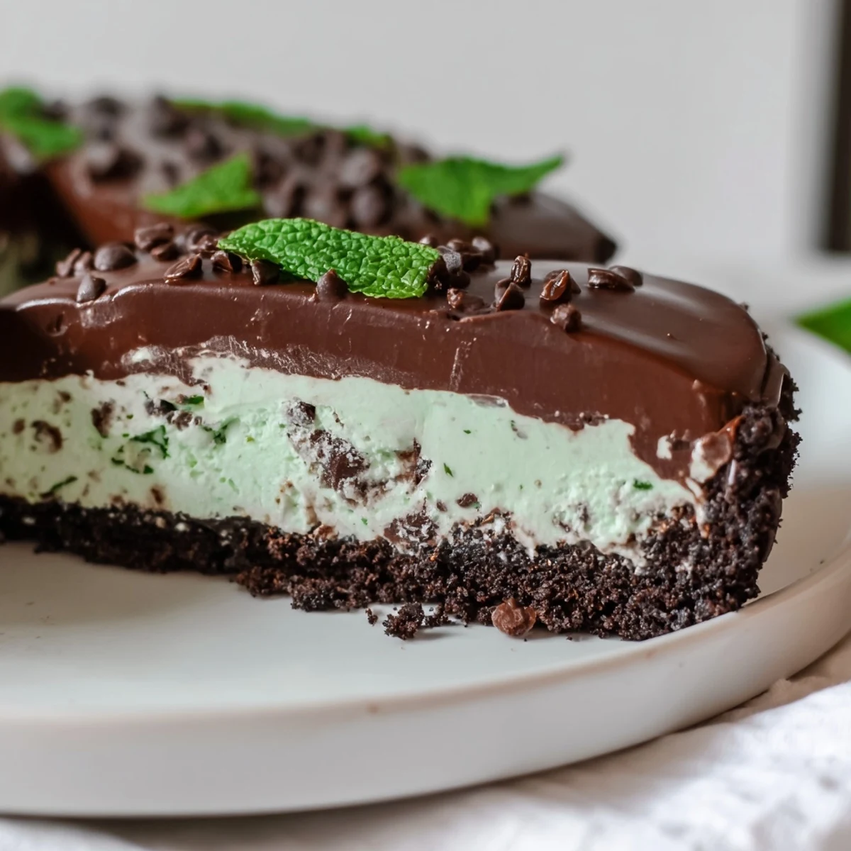 Decadent homemade Mint Chocolate Chip Ice Cream Cake topped with mini chocolate chips and mint, ideal for summer celebrations or a festive dessert table.