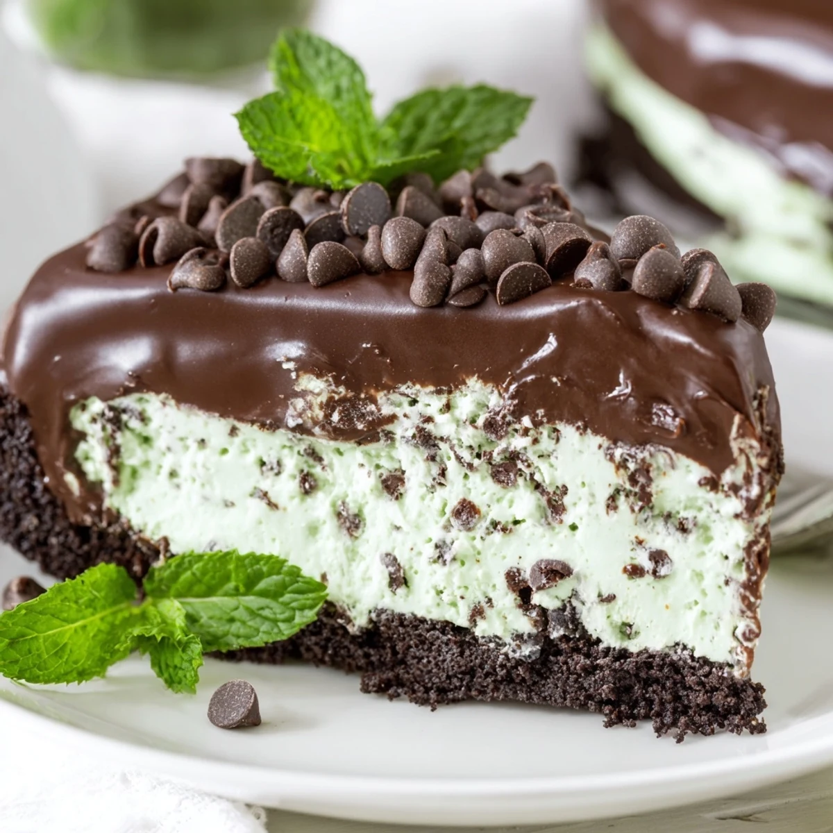 Frosted Mint Chocolate Chip Ice Cream Cake in a springform pan, featuring layers of chocolate cookie base, mint green ice cream, and a dark chocolate ganache topping.