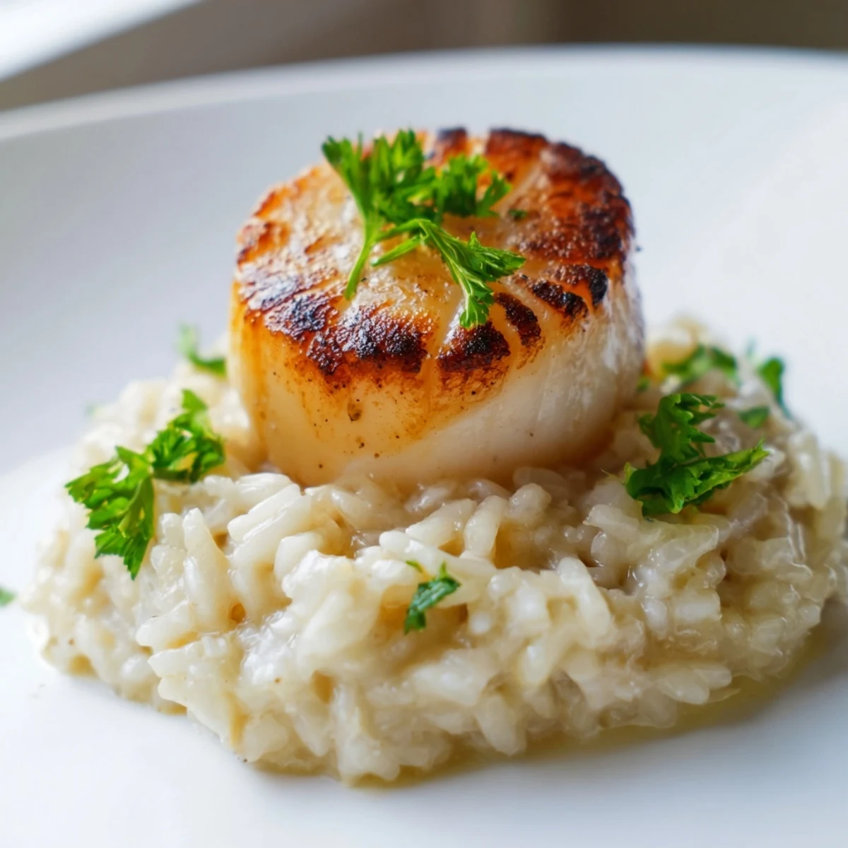 Tender, golden-seared scallops atop creamy Parmesan risotto, garnished with fresh parsley and lemon wedges for a romantic dinner.  